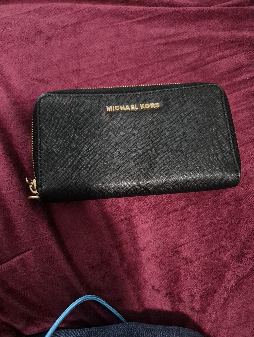 Michael Kors Black Saffiano Zip Wallet with Gold Logo